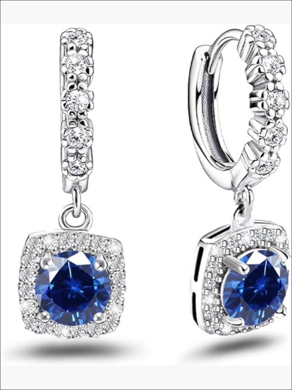 Sterling Silver Dangle Hoop Earrings with Princess Cut Blue Square Halo CZ Charm